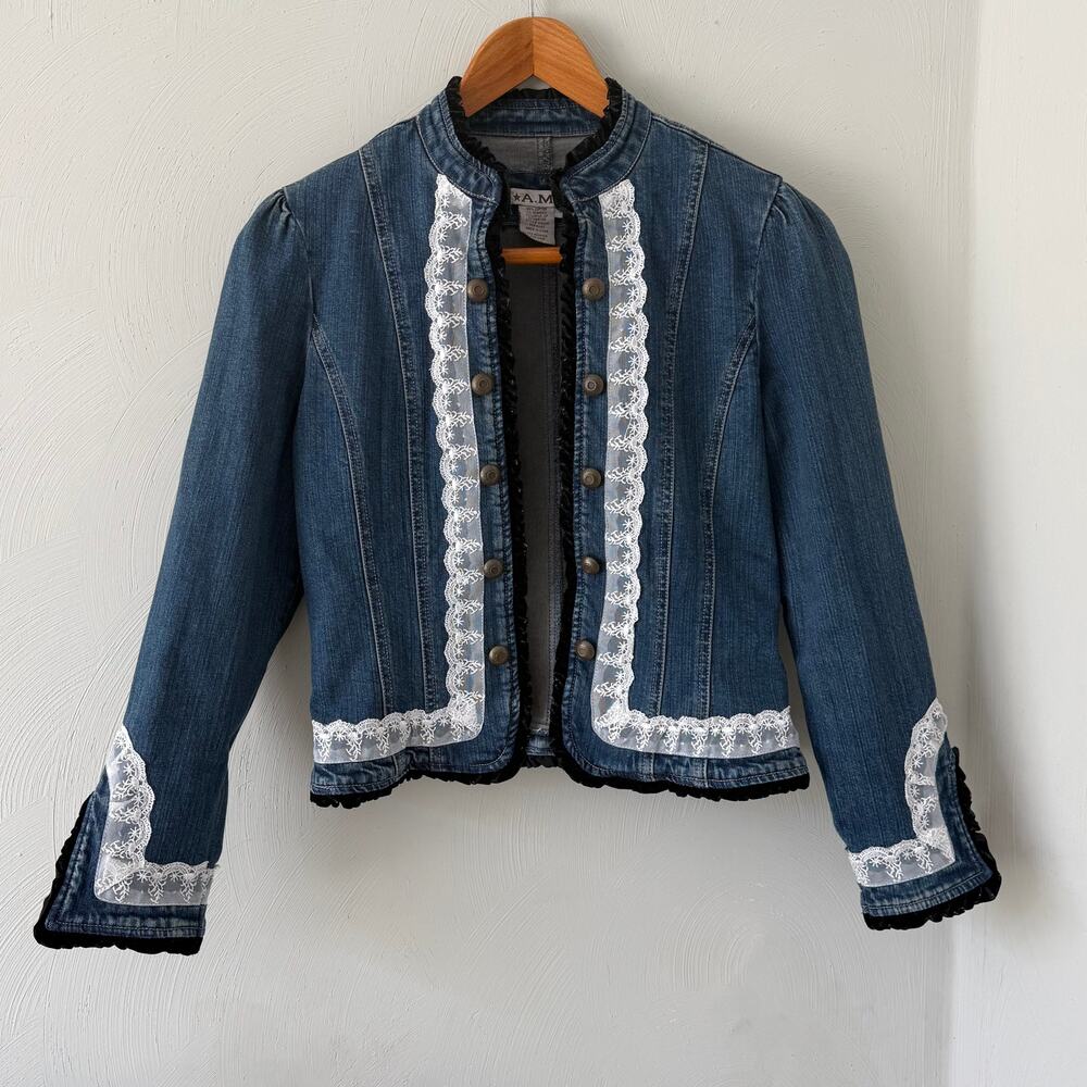 AMI Denim Jacket, size PM, Lace and Velvet Trim